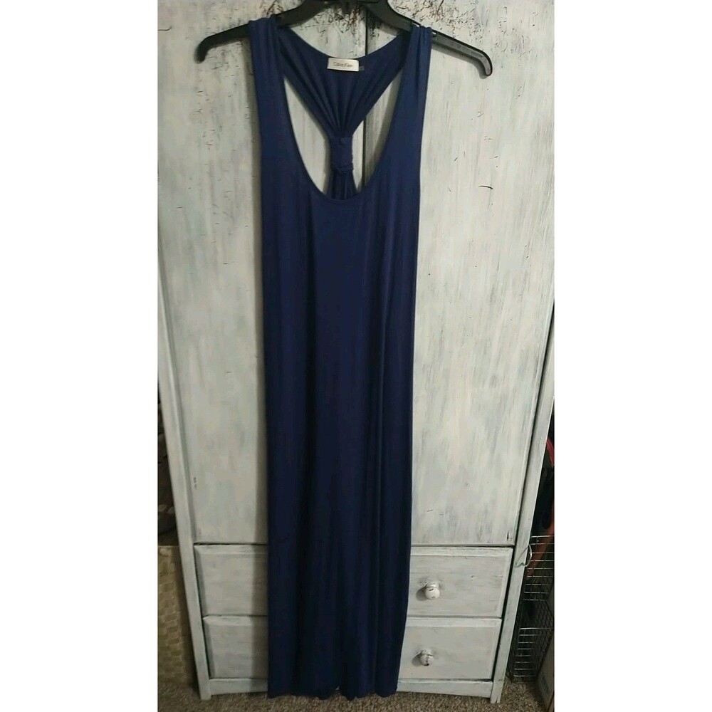Calvin Klein Sleeveless Back Ruched Maxi Dress Blue 12 Boho Beachy Cottage Core